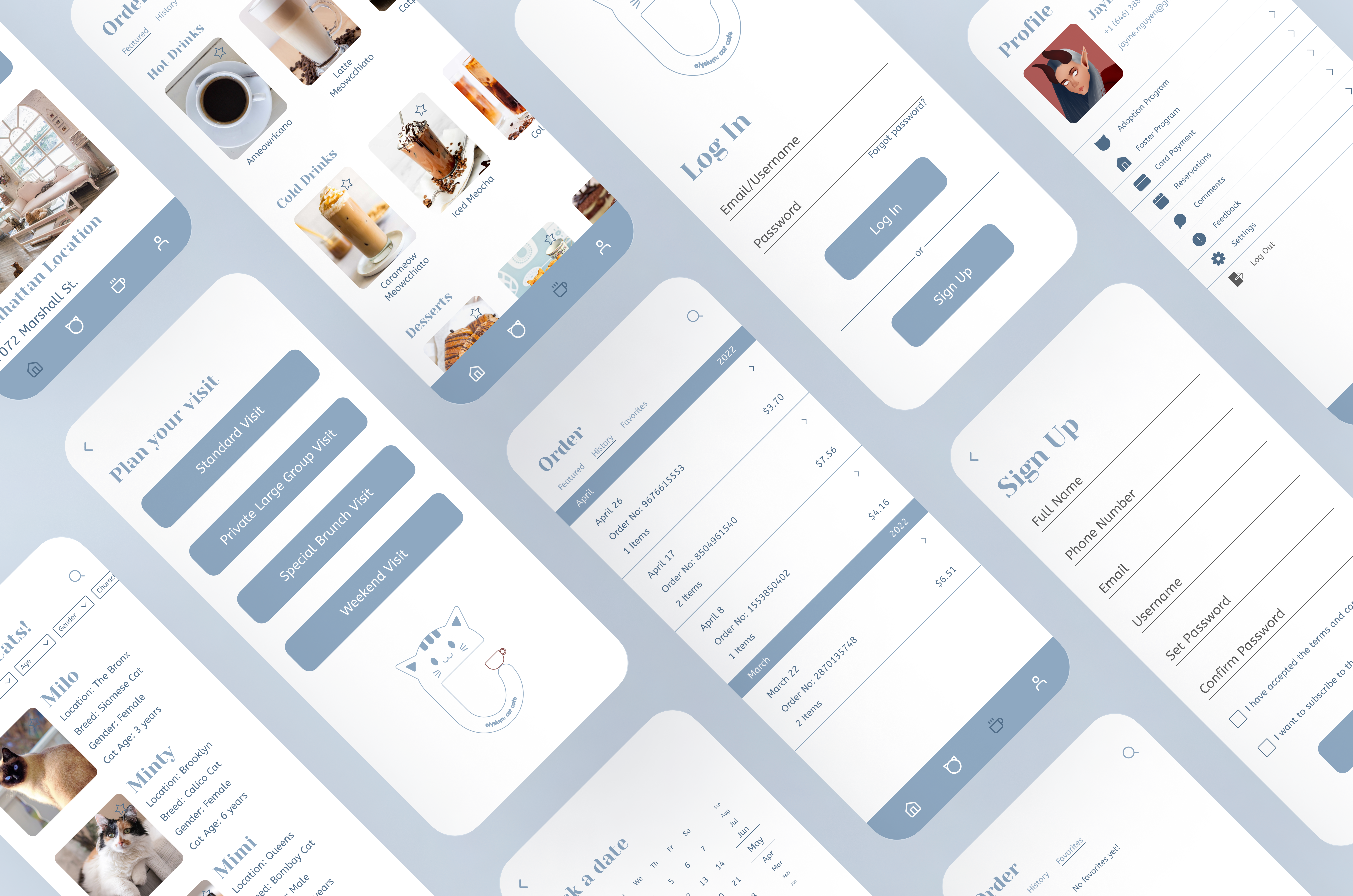 Elysium Cat Cafe Mobile App UI Mockup